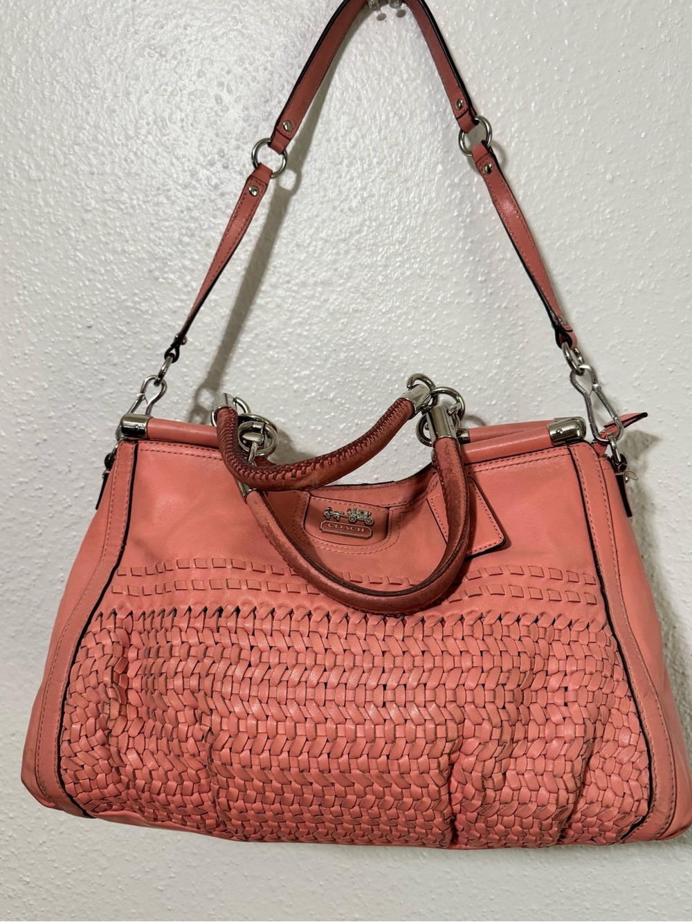 Coach Madison(Maggie) woven Leather Tote/Satchel - Coral Pink - Picture 14 of 16